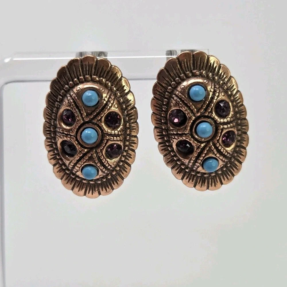 Southwestern Style Copper Turquoise‎ Amethyst Oval Stud Earrings 1